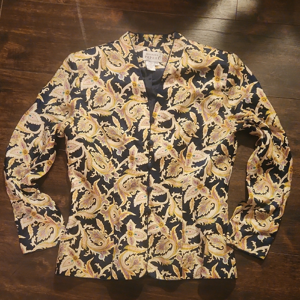 90s ADRIANNA PAPELL silk Paisley Blazer 8 vintage Black+Gold v-neck jacket M